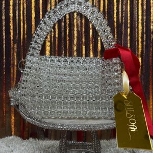 Handmade Clear Beaded Handbag with Red Velvet Ribbon & Customized “SHESOAI” Tag!